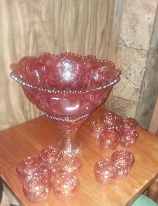 Vintage Imperial Carnival Glass 2 Piece Punch Bowl Set 12 Cups Exquisite.