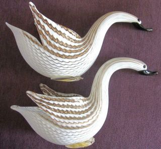 10 " Gold & White Dino Martens Mezza Filigrana Swans Murano Blown Art Glass Vases