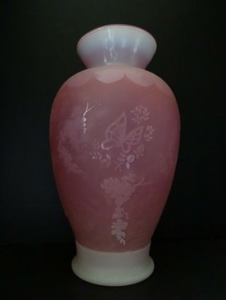 Fenton Sample Sand Carved 3 Layer Cameo Butterfly Glass Vase Signed Dated