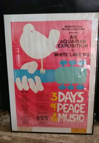 1969 Woodstock Poster Large W/ 2 Tickets Professionally Framed