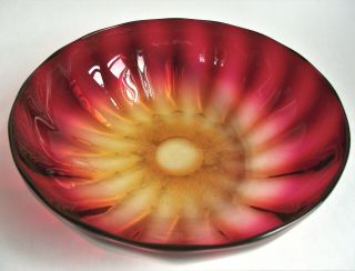 Antique England Fuchsia 9 " Amberina Victorian Panel Optic Rib Art Glass Bowl