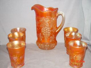 Northwood Carnival Glass Marigold Grape And Cable Tankard Water Set