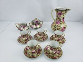 Antique 1800s Nippon Handpainted Tea Set Pitcher Sugar Creamer 5 Cups 5 Saucers 12