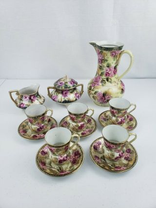 Antique 1800s Nippon Handpainted Tea Set Pitcher Sugar Creamer 5 Cups 5 Saucers