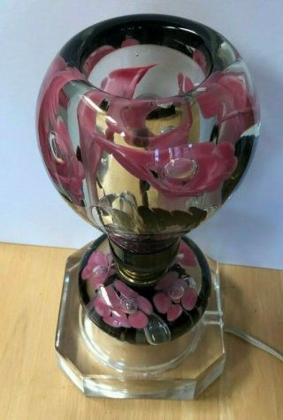 Vtg St.  Clair Art Glass Paperweight Tv Lamp Desk,  Pink Floral With Bubbles,  11 "