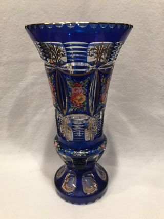 Stunning Cobalt Cut - To - Clear Moser Bohemian 10 3/8enameled Crystal Vase,  C.  1900