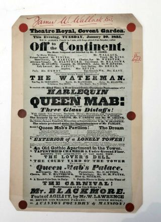 1835 Theater Play Broadside Poster Off To The Continent Queen Mab James Wallack