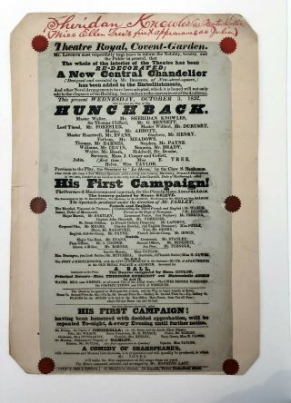 1832 Broadside Theater Play Poster The Hunchback Cinderella Hamlet Shakespeare
