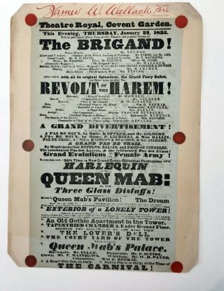 1835 Theater Play Broadside Poster The Brigand Queen Mab James Wallack More