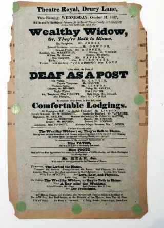 1827 Theater Broadside Poster Drury Lane Wealthy Widow Deaf As A Post More