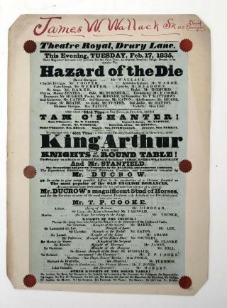 1835 Play Theater Broadside Poster Hazard Of The Die King Arthur James Wallack