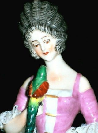 Antique German Dresden Lace Art Deco Lady With Parrot Bird Porcelain Figurine