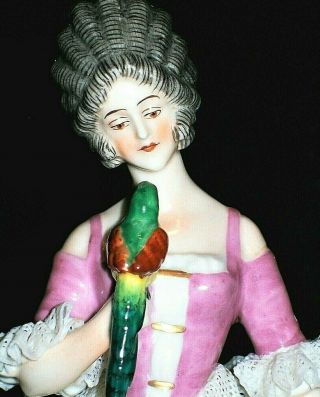 ANTIQUE GERMAN DRESDEN LACE ART DECO LADY WITH PARROT BIRD PORCELAIN FIGURINE 2