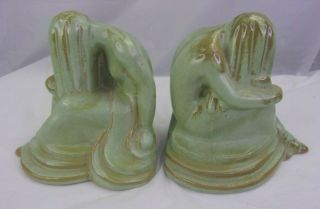 Frankoma Dreamer Girl Weeping Lady Bookends Green/gold Clay Nude Woman Mcm