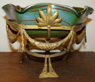 Art Nouveau Bronze Mounted Kralik Heckert Red Silberband Iridescent Glass Bowl