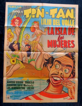 Sexy La Isla De Las Mujeres Tin Tan Caricature Mexican Movie Poster 1952 Urzaiz