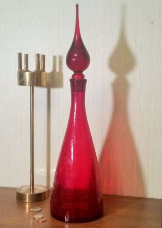 18 " Mcm Pilgrim Red Crackle Glass Decanter Vtg Studio Art Sculpture Bottle Decor