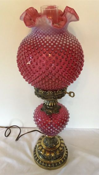 Vintage Fenton Art Glass Cranberry Opalescent Hobnail Lamp L9