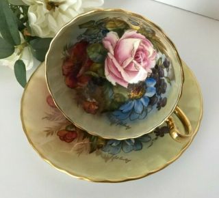 Aynsley J A Bailey Cup & Saucer Cabbage Roses Floral Ribbed Gold Teacup Signed 2
