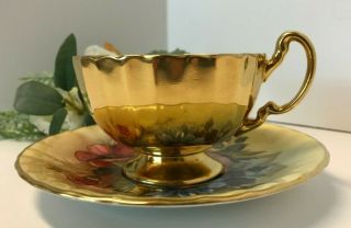 Aynsley J A Bailey Cup & Saucer Cabbage Roses Floral Ribbed Gold Teacup Signed 3