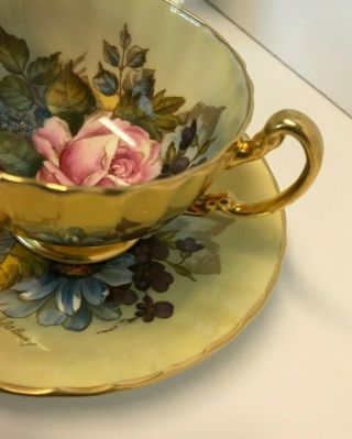 Aynsley J A Bailey Cup & Saucer Cabbage Roses Floral Ribbed Gold Teacup Signed 4