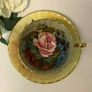 Aynsley J A Bailey Cup & Saucer Cabbage Roses Floral Ribbed Gold Teacup Signed 5