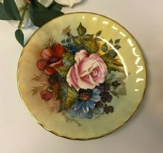 Aynsley J A Bailey Cup & Saucer Cabbage Roses Floral Ribbed Gold Teacup Signed 6