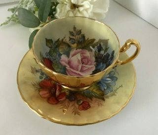 Aynsley J A Bailey Cup & Saucer Cabbage Roses Floral Ribbed Gold Teacup Signed 7
