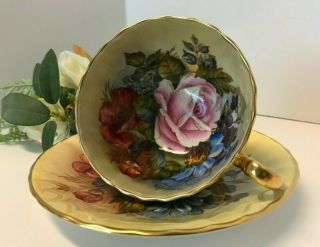 Aynsley J A Bailey Cup & Saucer Cabbage Roses Floral Ribbed Gold Teacup Signed 8