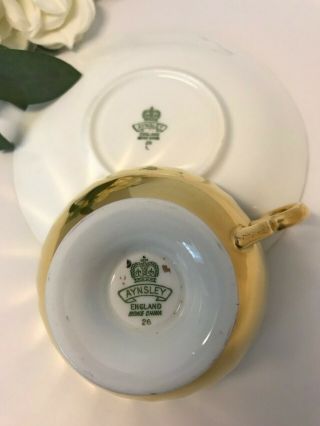 Aynsley J A Bailey Cup & Saucer Cabbage Roses Floral Ribbed Gold Teacup Signed 9