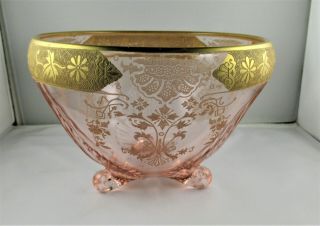 Large Pink Depress Glass Footed Bowl Gold Trim