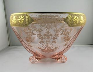 Large Pink Depress Glass Footed Bowl Gold Trim 2