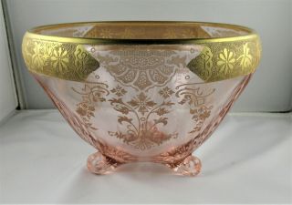 Large Pink Depress Glass Footed Bowl Gold Trim 7