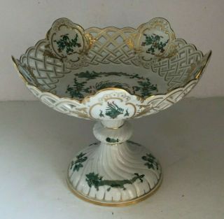 Scarce Meissen Porcelain Green Court Dragon Red Dot Pierced Footed Compote Bowl
