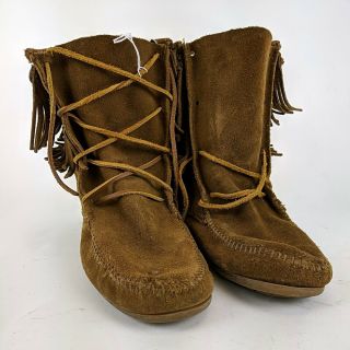 Miranda Lambert Minnetonka Brown Leather Moccasin Fringe Ankle Boot Size 8