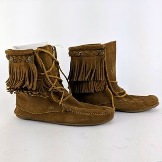 Miranda Lambert MINNETONKA Brown Leather Moccasin Fringe Ankle Boot Size 8 2