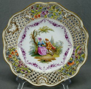 Dresden Hand Painted Courting Couple Purple Garlands Reticulated & Gold Plate