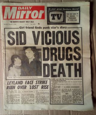Very Rare Sid Vicious Death Newspaper,  The Mirror 2nd Feb 1979
