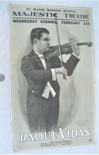Old 20 " By 12 " Poster Violinist " Raoul Vidas Majestic Theatre Ft.  Wayne " 1930 