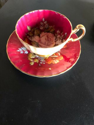 Aynsley Signed J.  A Bailey China Tea Cup & Saucer Cabbage Rose Burgundy 2