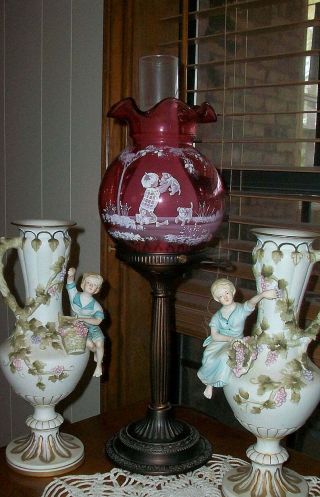 Fenton Lamp Cranberry Shade With Mary Gregory Style Decoration Limited