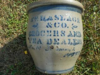 19th C.  Western Pa Stoneware Cream Pot with Advertisement for Tea Dealer 2