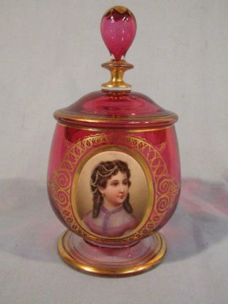 Antique Bohemian Cranberry Art Glass 7 " Covered Jar / Box - Female Portrait