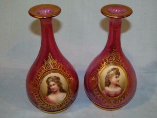 Pair Antique Bohemian Cranberry Art Glass 7 " Bottle Vases - Portraits Of Women