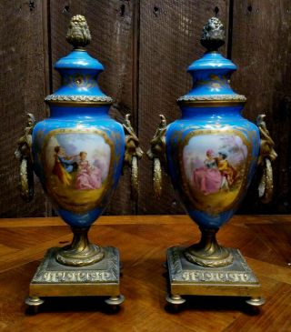 Pair Antique 19th Ct Sevres Style Porcelain Urns Celeste Blue Bronze Mounts