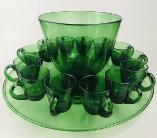 Vintage Hand Blown Green Glass Punch Bowl Cups Tray Mid Century Modern