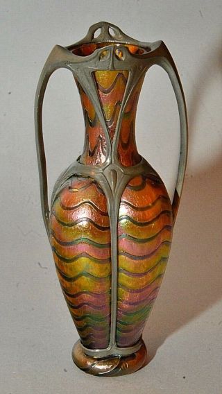 Antique Loetz Handled Iridescent Art Glass Vase W/ Art Nouveau Metal Mountings