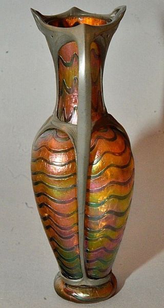 Antique Loetz Handled Iridescent Art Glass Vase w/ Art Nouveau Metal Mountings 2