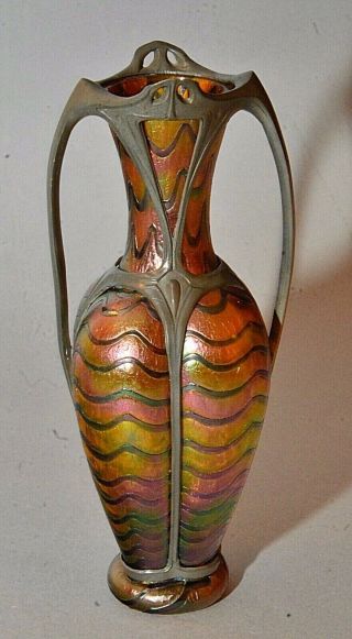 Antique Loetz Handled Iridescent Art Glass Vase w/ Art Nouveau Metal Mountings 5