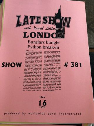 David Letterman In London Press Release And Programs Scripts 2